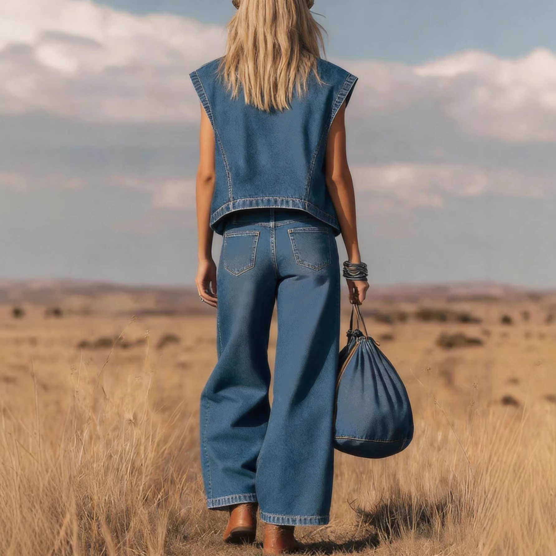 Women's Denim Two-Piece Set Sleeveless Stand Collar Vest and Wide-Leg Pants