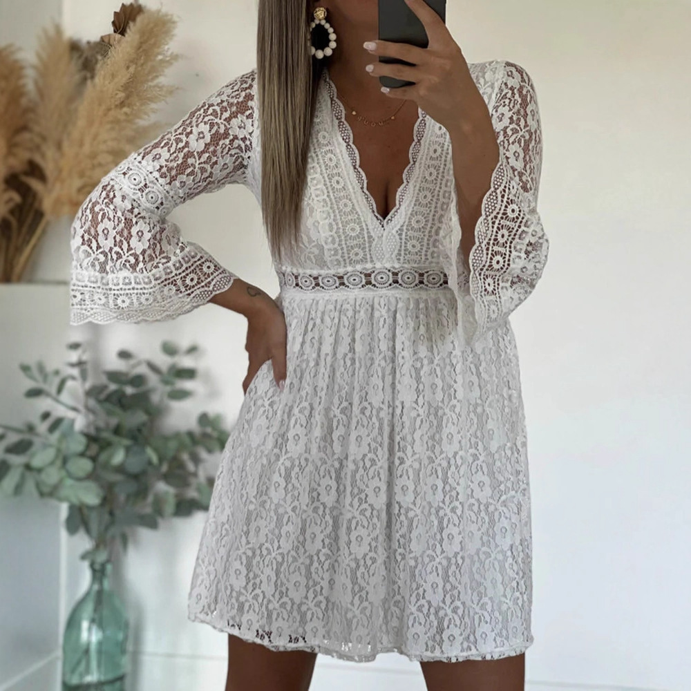 Elegant Hollow-Out Flared Sleeve Floral Lace A-Line Mini Dress