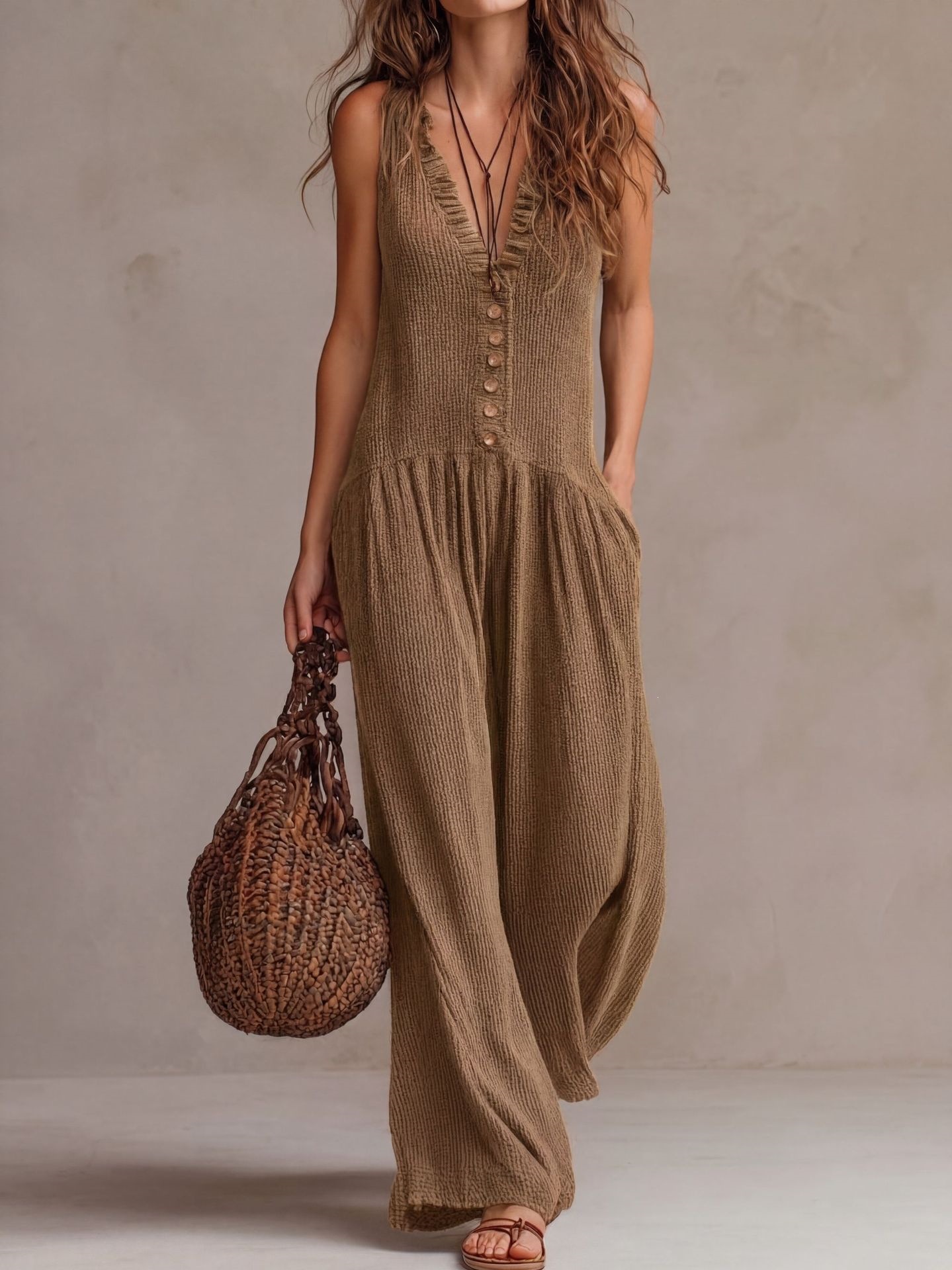 Women's Loose Boho V-Neck Wide-Leg Jumpsuit
