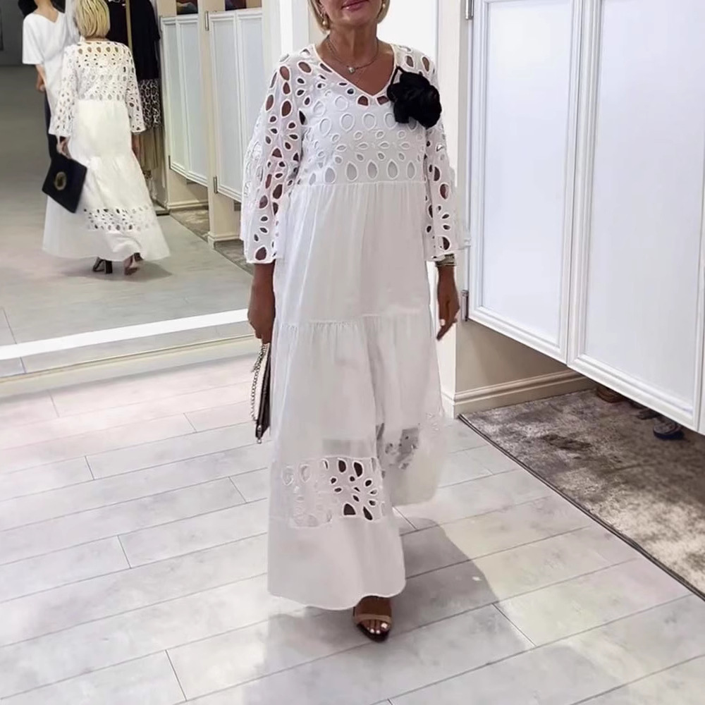 Women's V-Neck Lace Cutout Long Dress