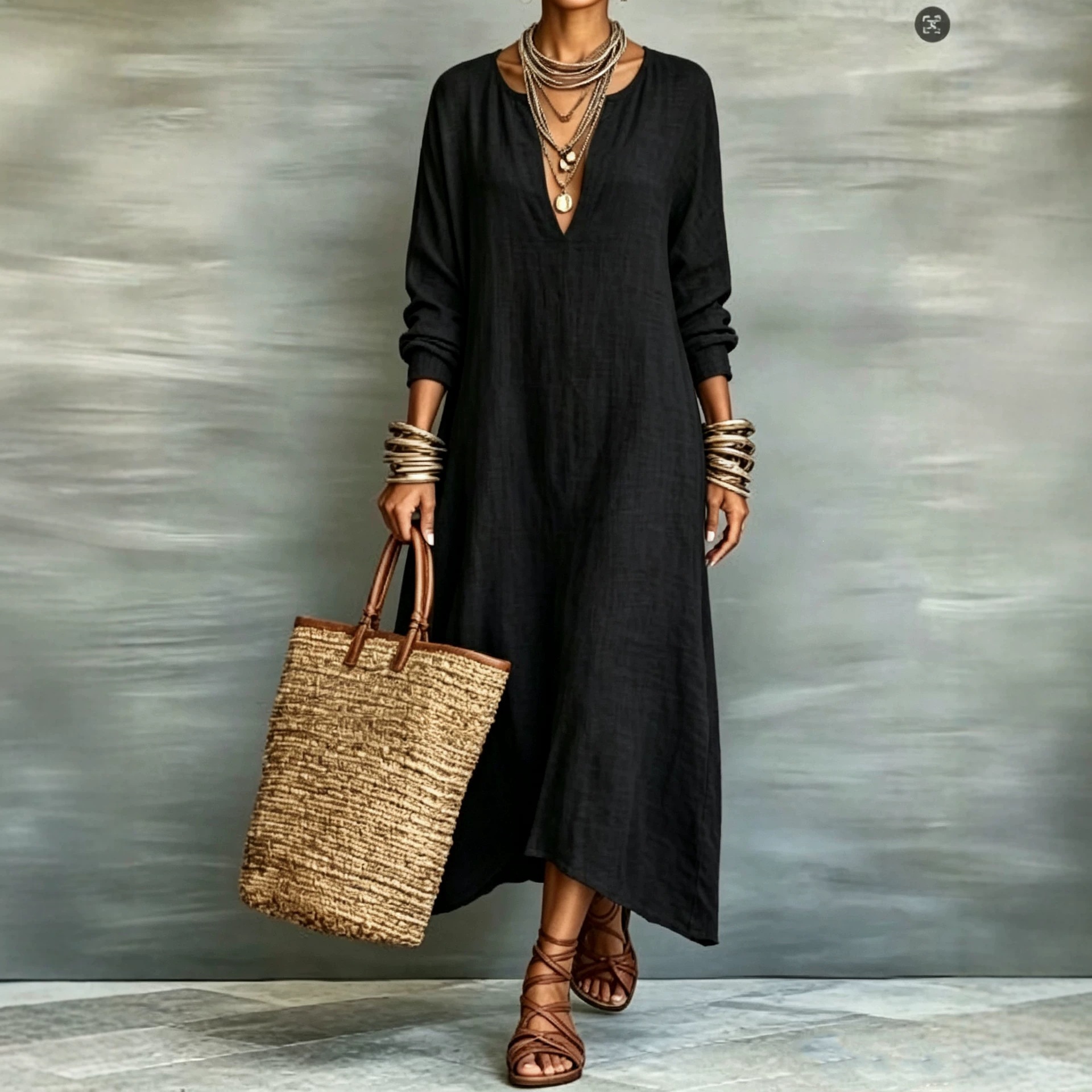 Retro Solid Deep V-Neck Long Sleeve Loose Maxi Dress
