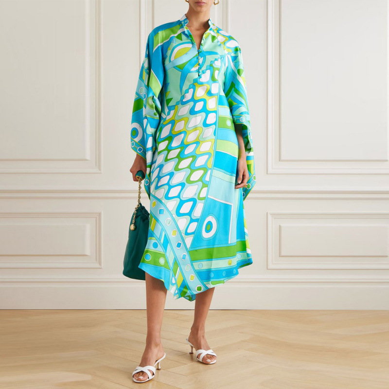 Printed Long Sleeve Stand Collar Loose Dress