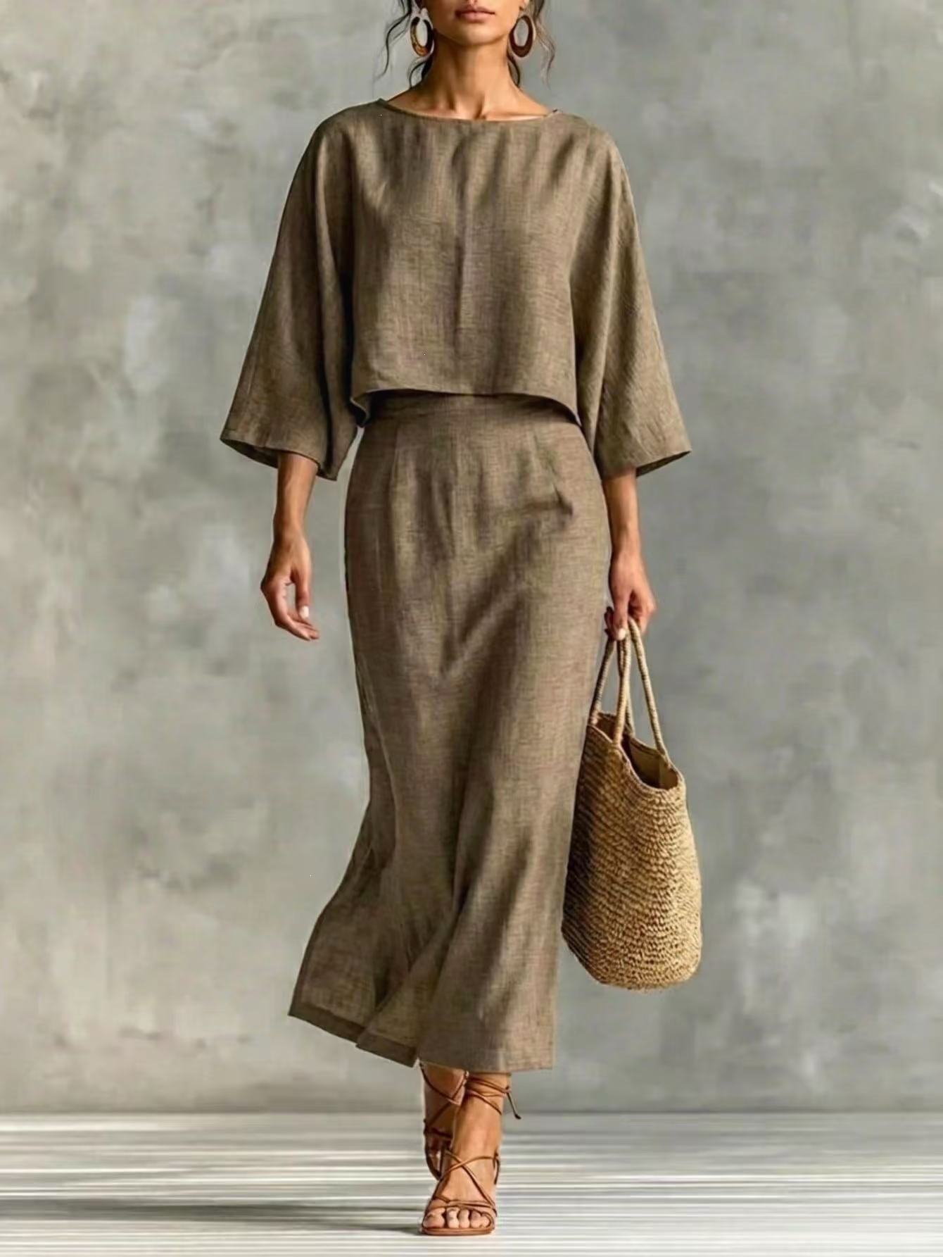 Women's High-Waist Midi Skirt Set with Round-Neck Seven-Sleeve Top