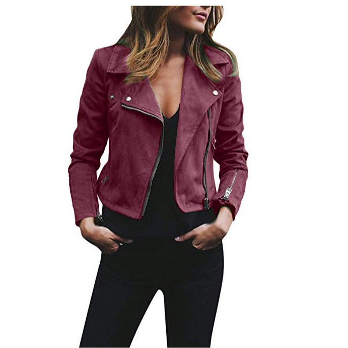 Women's Faux Suede Cropped Jacket with Lapel Collar and Asymmetric Zip