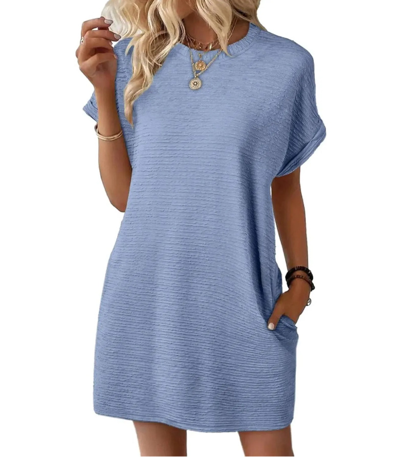 Women's Loose Crewneck Pocket Solid Short Sleeve Dress