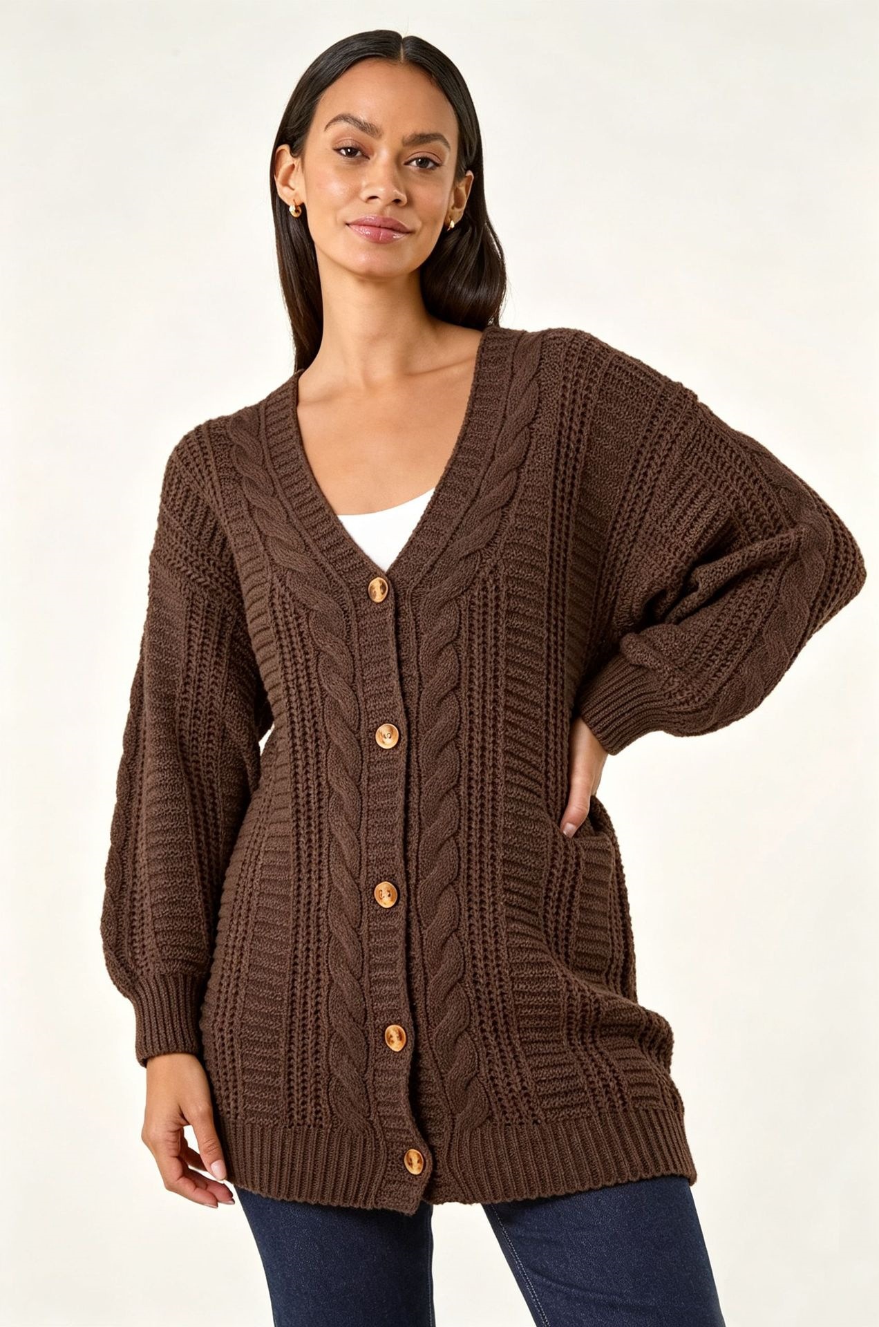 Women's Plus Size Solid Knit Cardigan V-Neck Lantern Sleeve Loose Fit