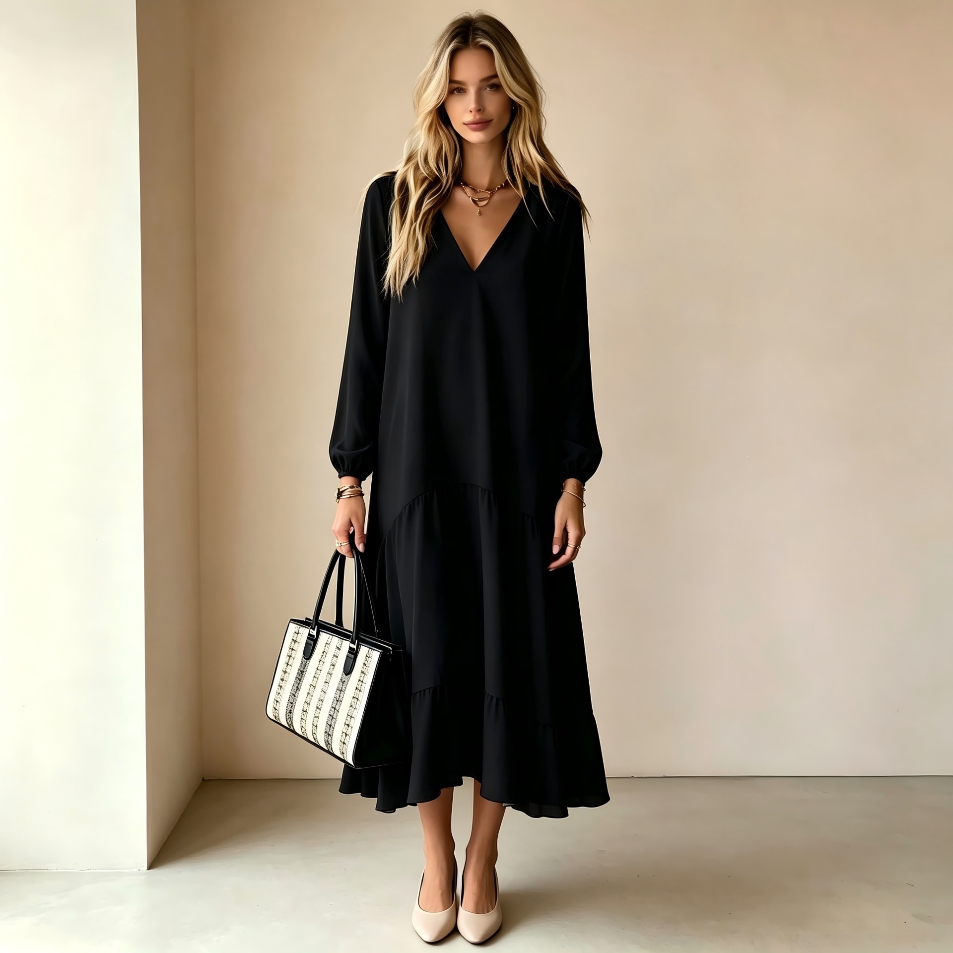 V-Neck Long Sleeve Loose Long Dress
