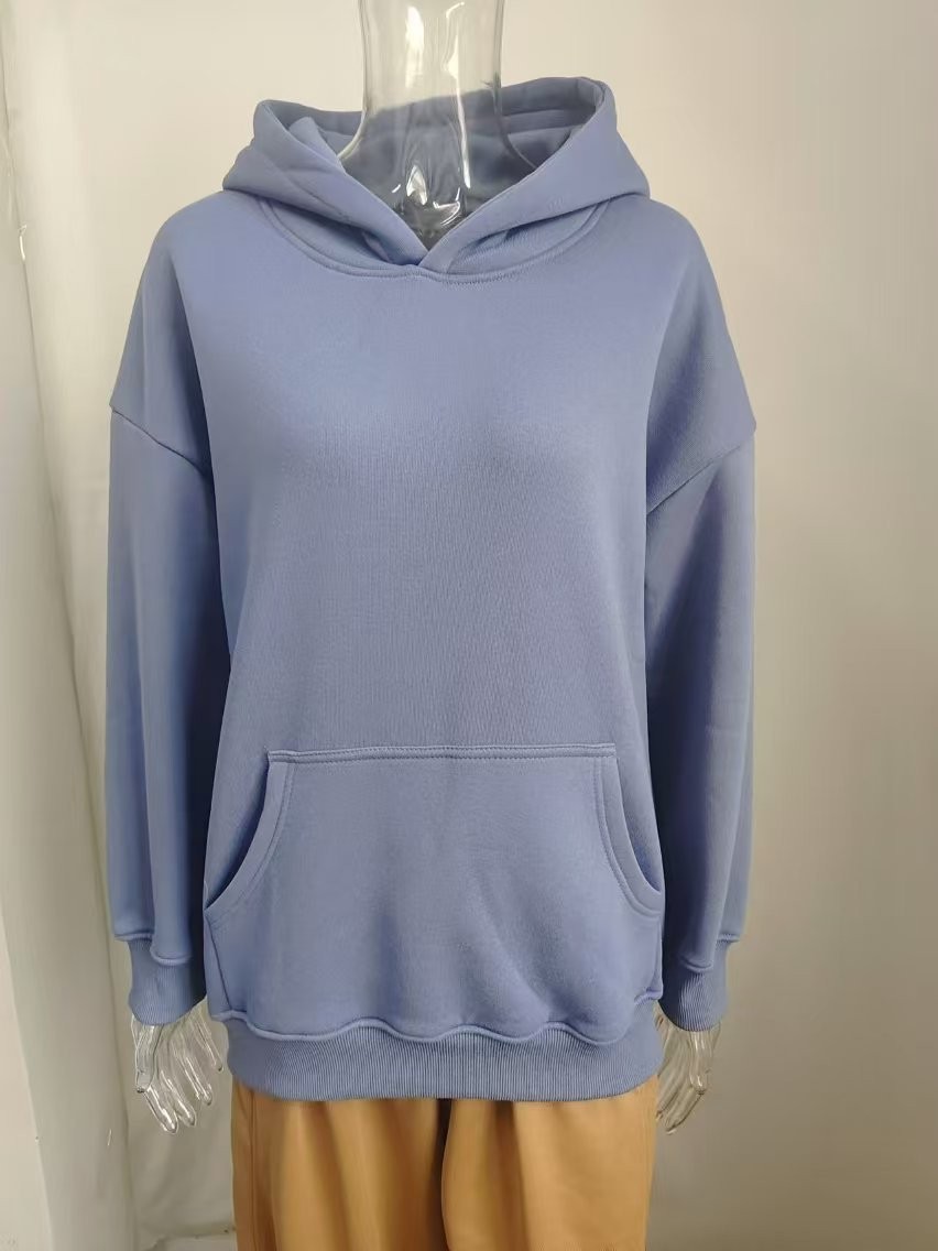 Women's Fleece-Lined Hooded Sweatshirt, Cotton Blend, Loose Fit, Solid Color