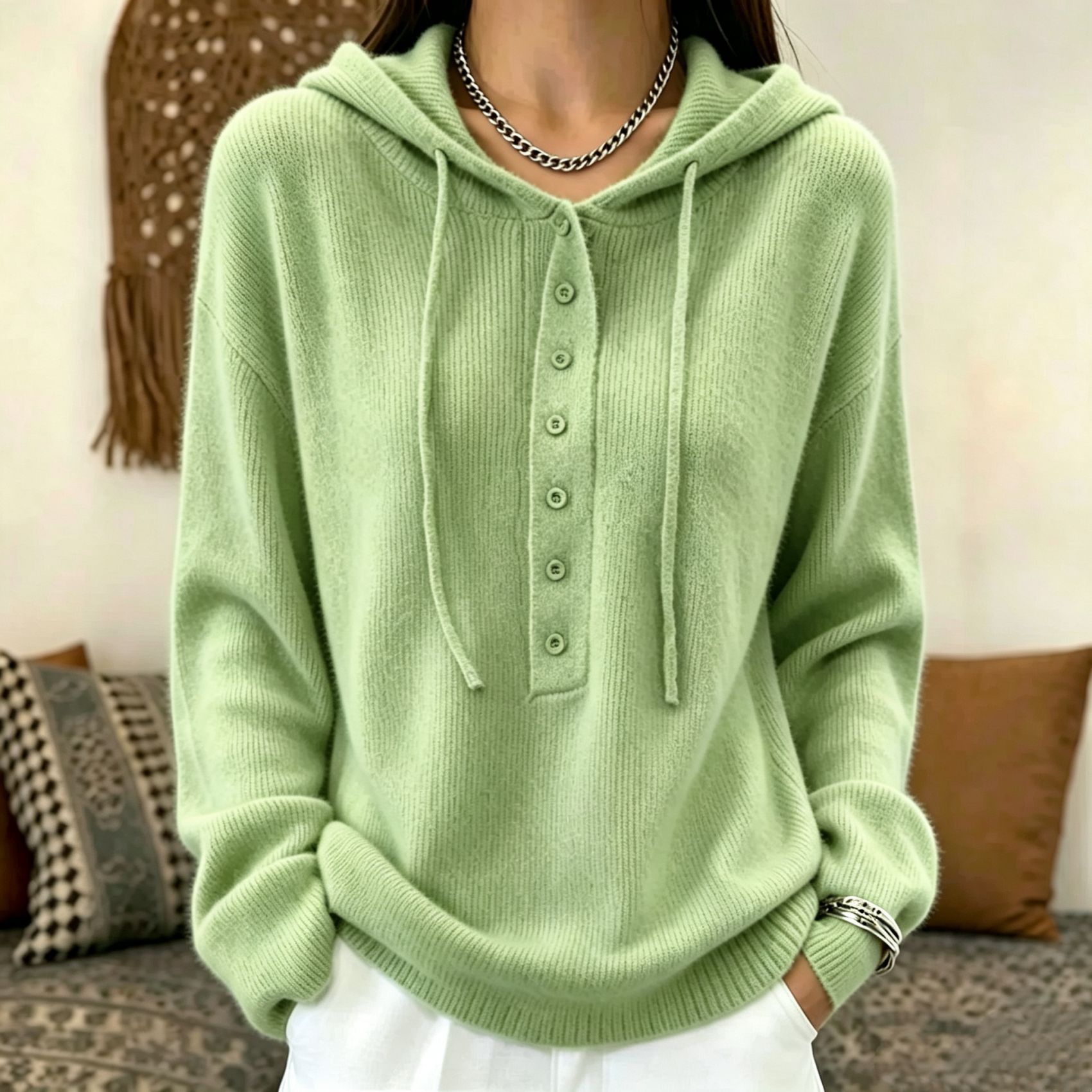 Women's Solid Color Long Sleeve Hooded Lace-Up Knit Pullover Sweater