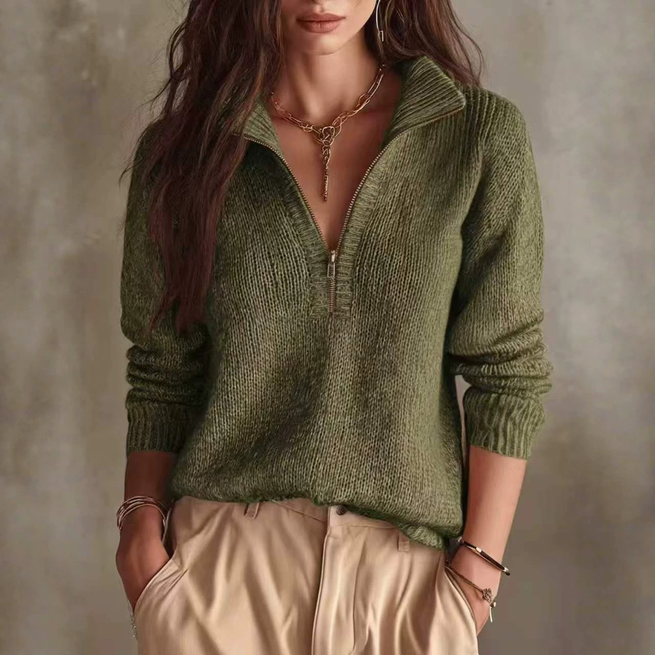Slim-Fit Half-Zip Knit Sweater Solid Color Long Sleeve