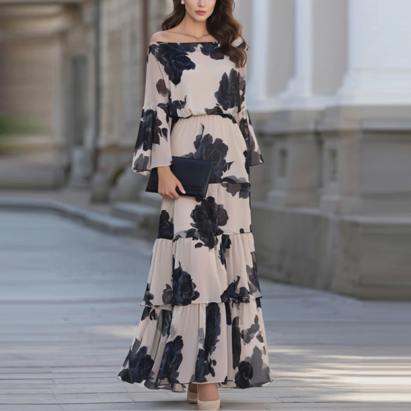 Women's Off-Shoulder Floral Print Patchwork Maxi Dress