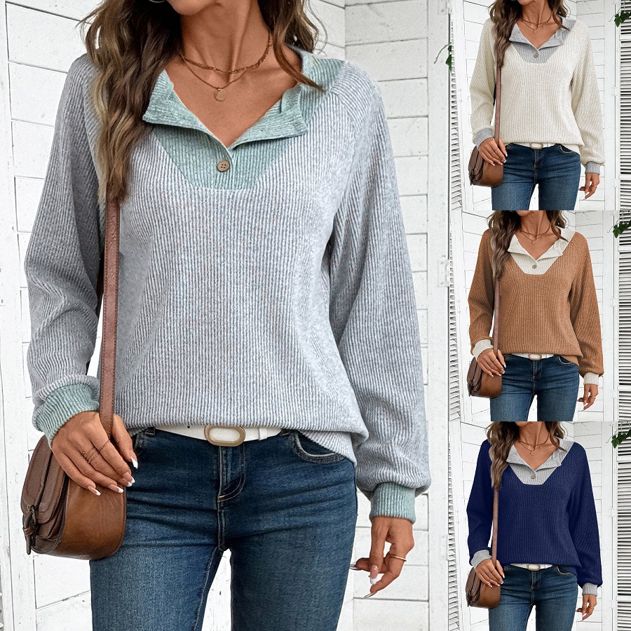 V-Neck Colorblock Faux Sweater Loose Long-Sleeve Top