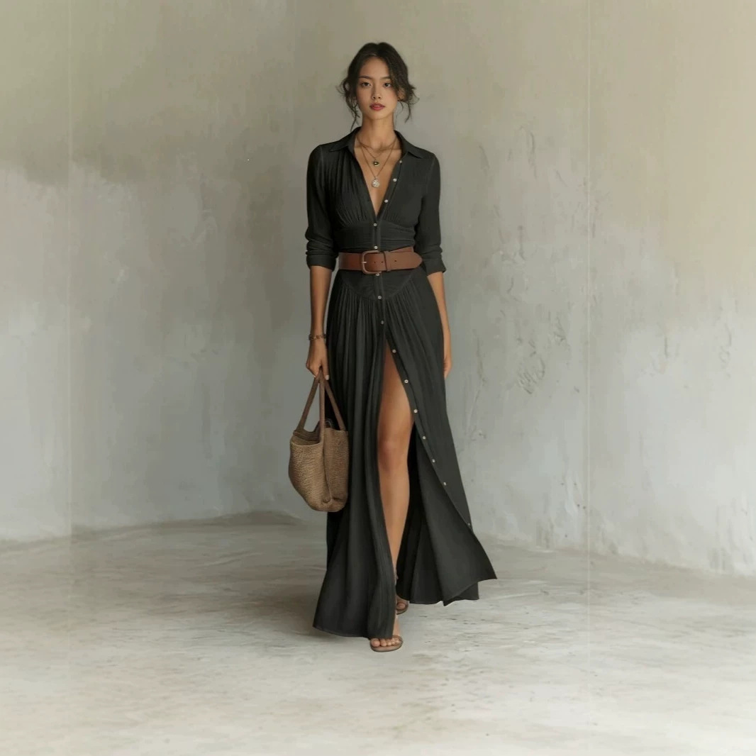 Women's Collared Long Sleeve Shirt Dress High Waist Pleated Split Long Vacation Dress with Belt