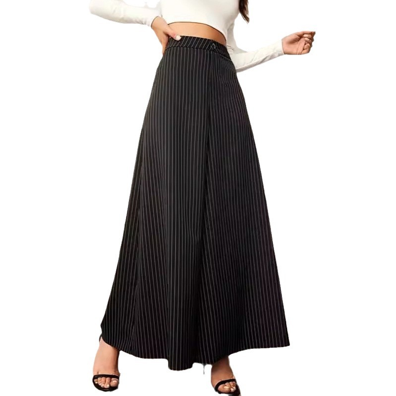 Striped Wide-Leg High-Waist Button Long Pants