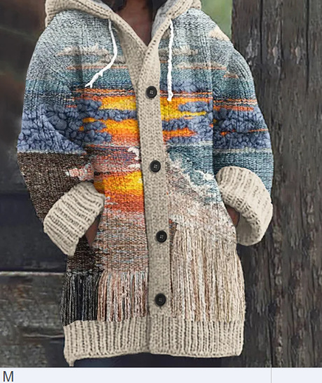 Women's Animal & Plant Print Hooded Button Cardigan