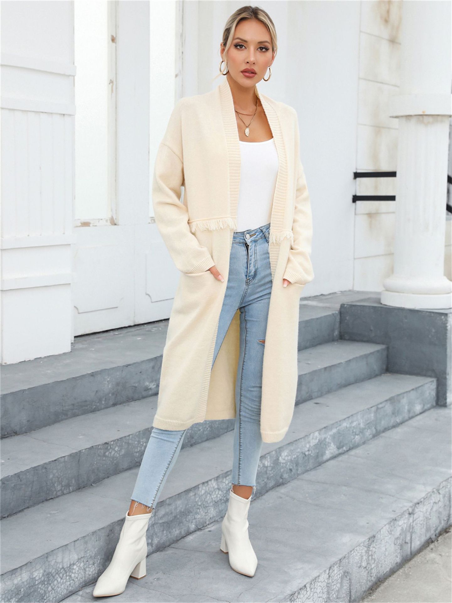Women's Plus Size Long Fringe Cardigan Sweater with Pockets