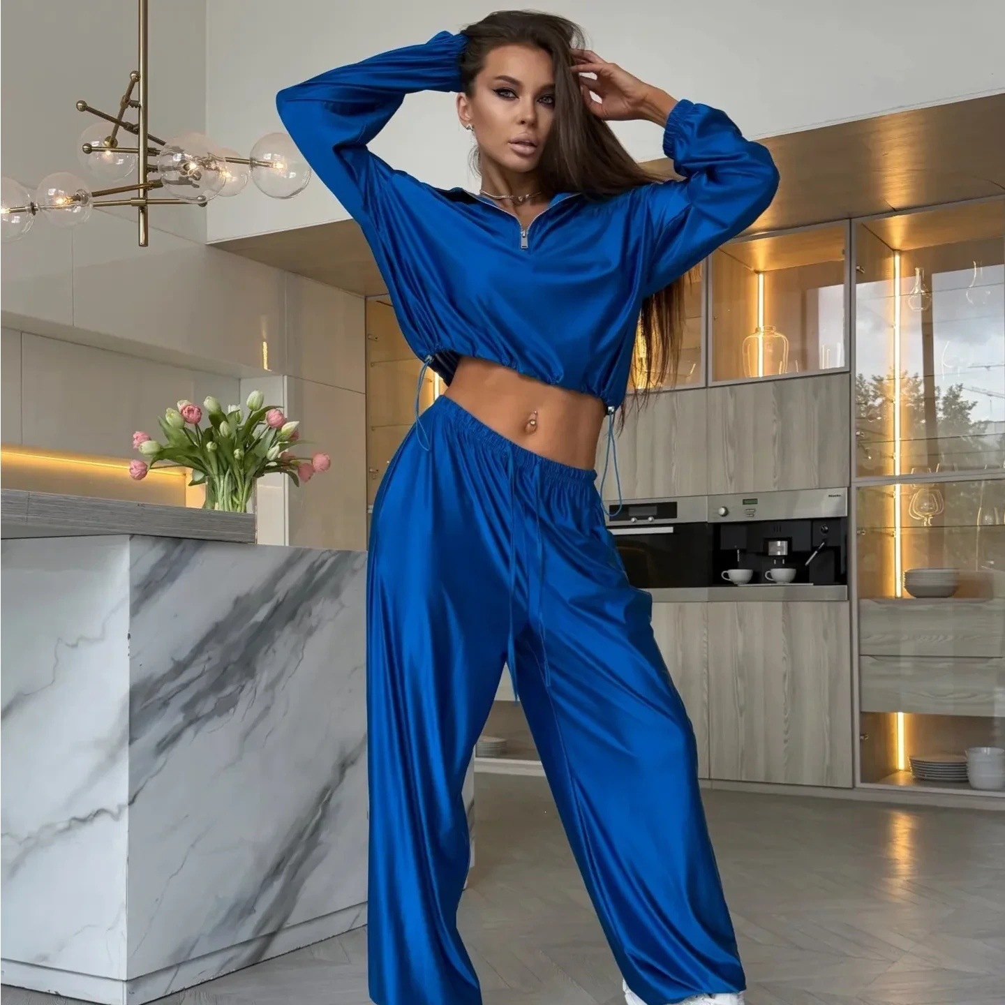 Women's Solid Color Long Sleeve Zip Cardigan and Wide-Leg Pants Lounge Set