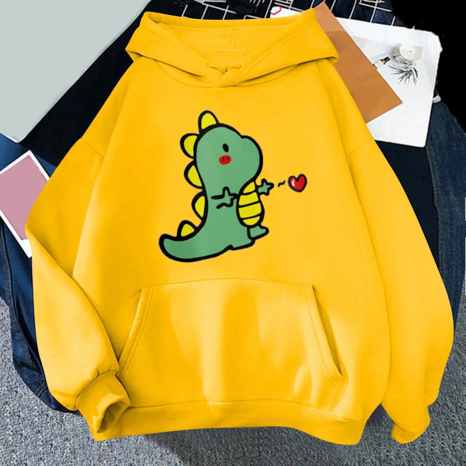 Women's Cartoon Dinosaur Heart Print Hoodie