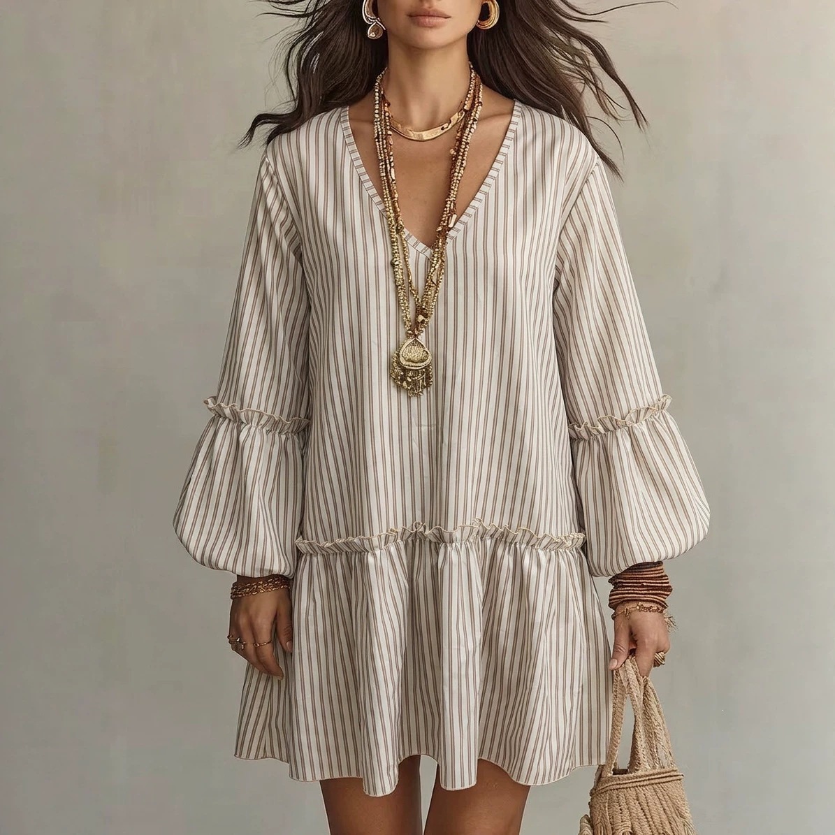 Women's Striped Print V-Neck Lantern Sleeve Loose Short Dress