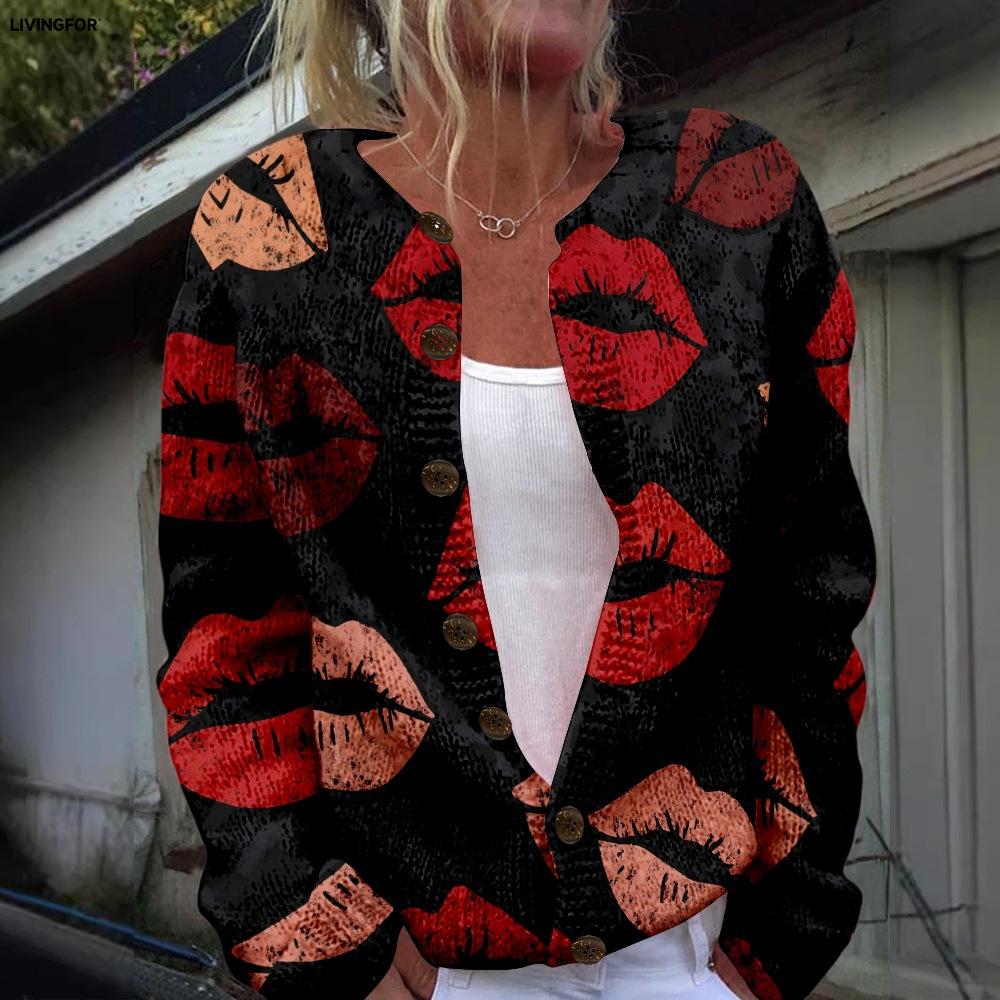 Women's Heart & Flower Print Button Cardigan Sweater