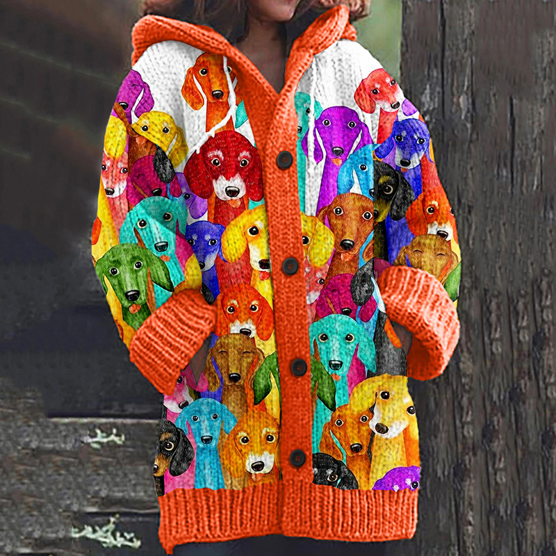 Women's Colorful Animal Print Hooded Button Cardigan Sweater