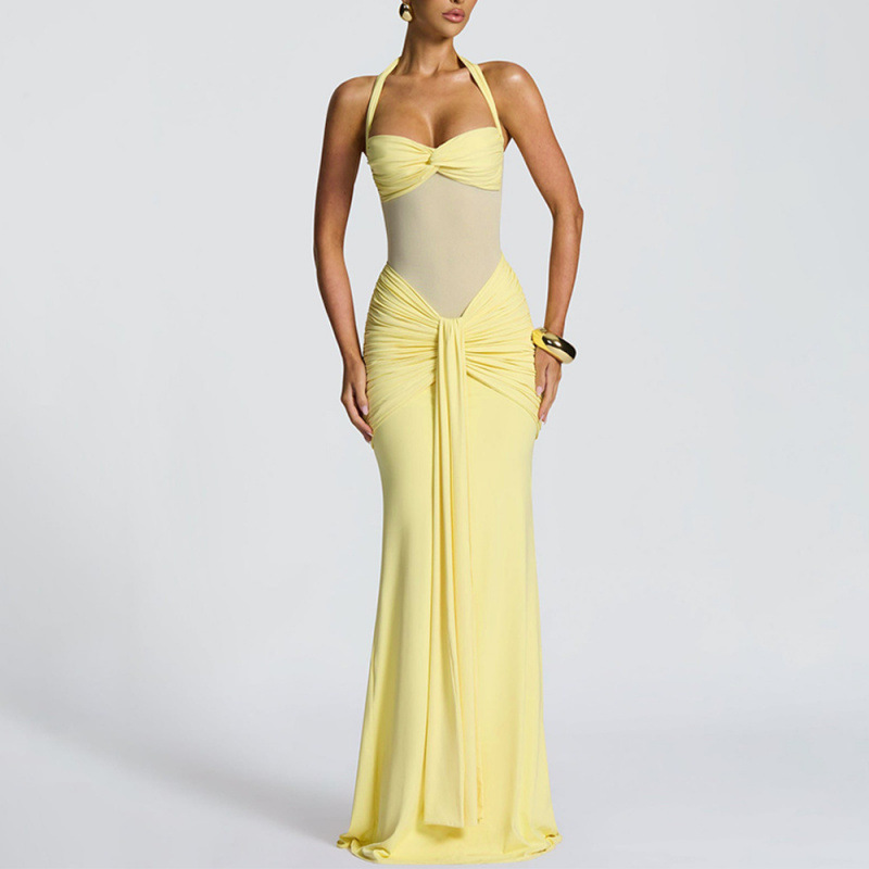 Women's Ruched Backless Bodycon Long Dress