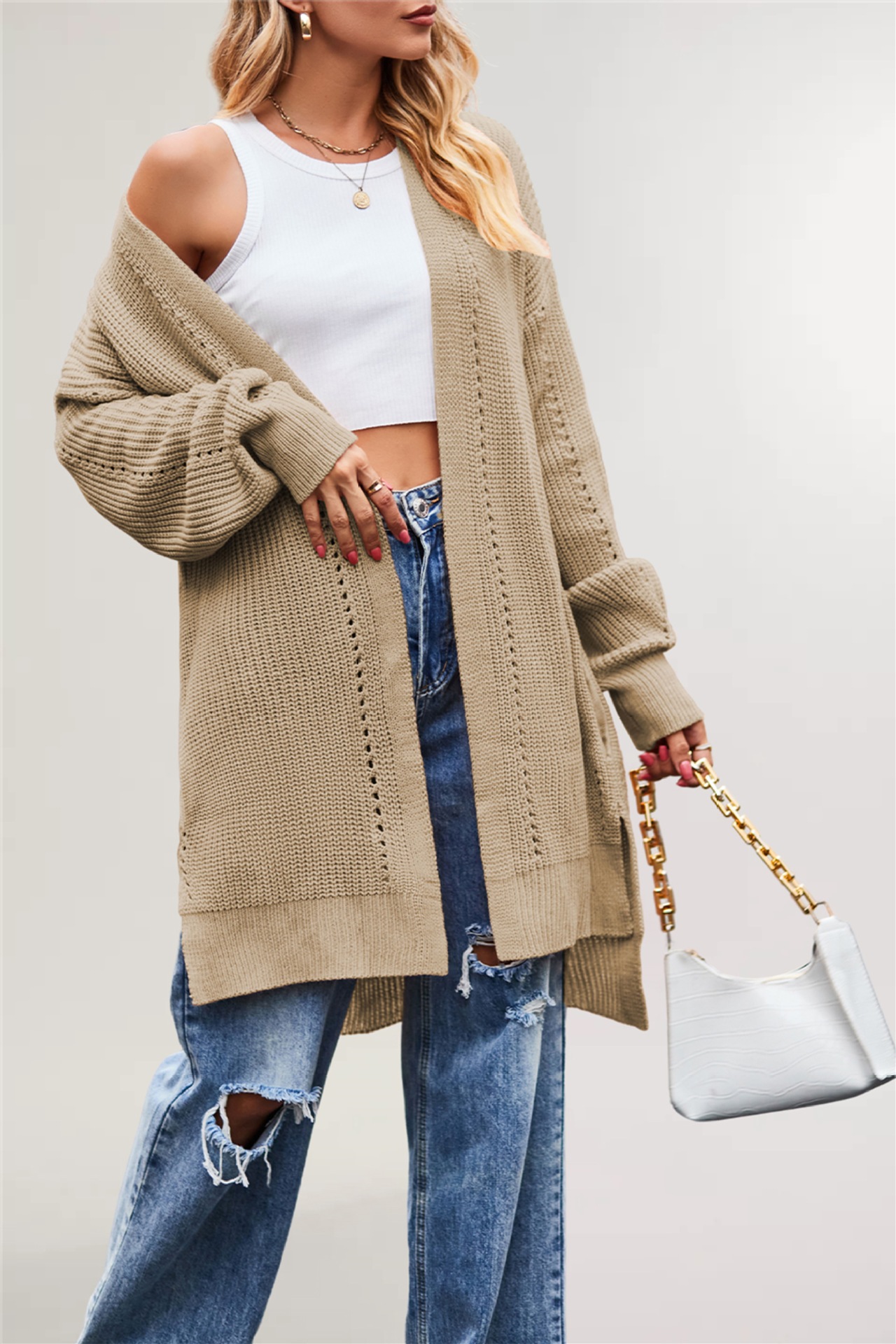 Women's Solid Color Loose Knit Cardigan with Pockets