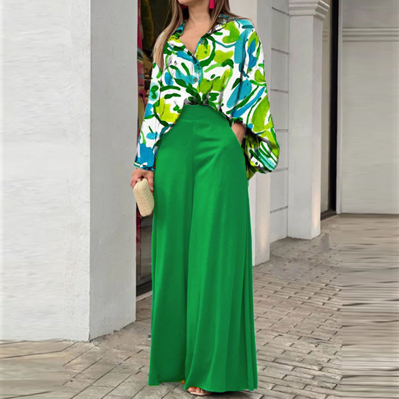 Women's Printed Shirt & Wide-Leg Pants Casual Set
