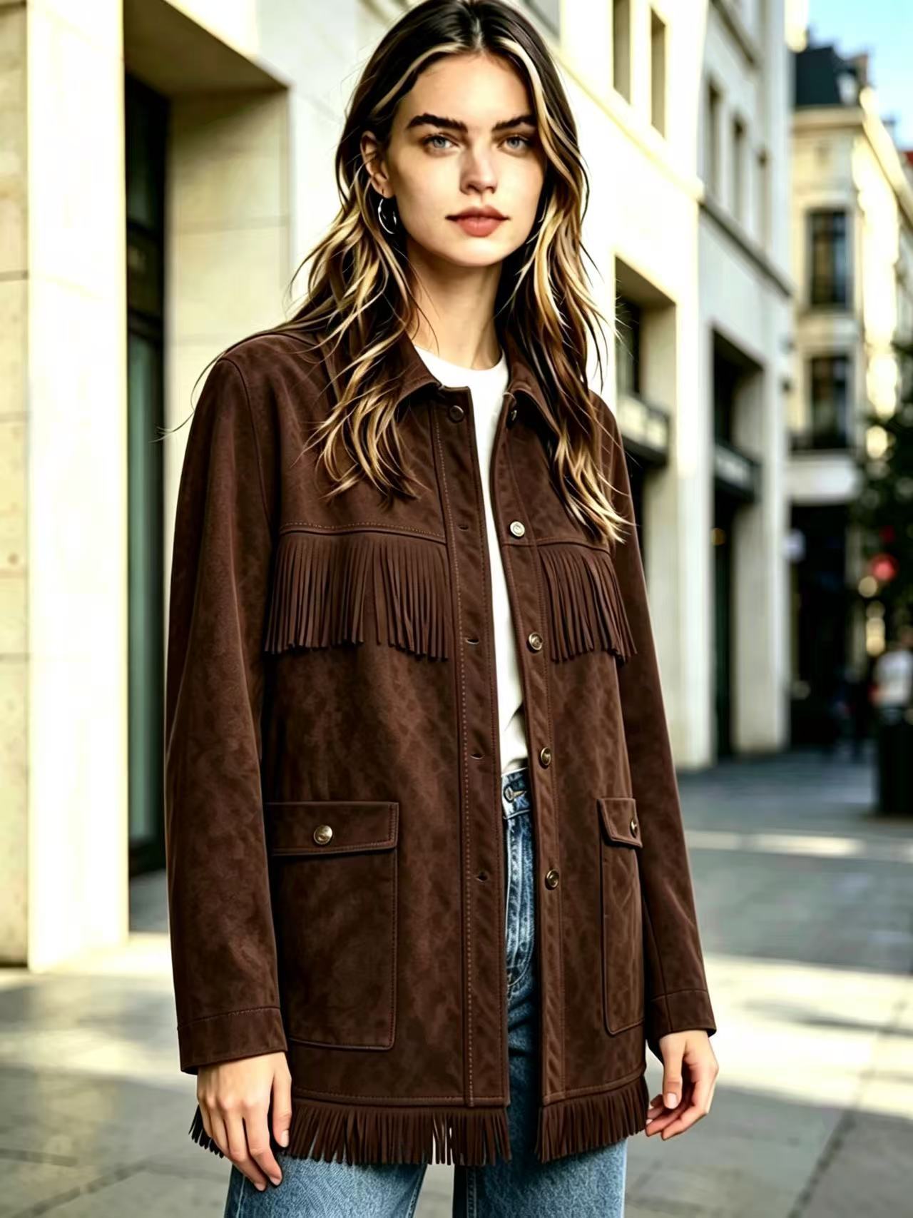 Fringe Faux Suede Jacket Women's Western-Style Collared Snap-Front Mid-Length Casual Coat