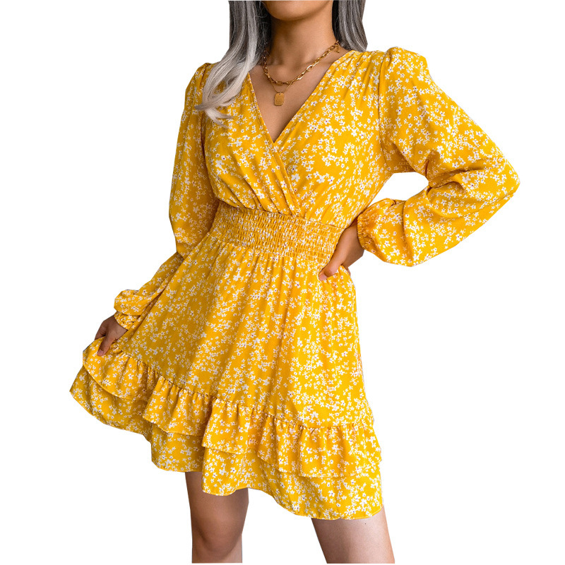 Sexy Floral Chiffon Dress V-Neck Long Sleeve High Waist A-Line Midi