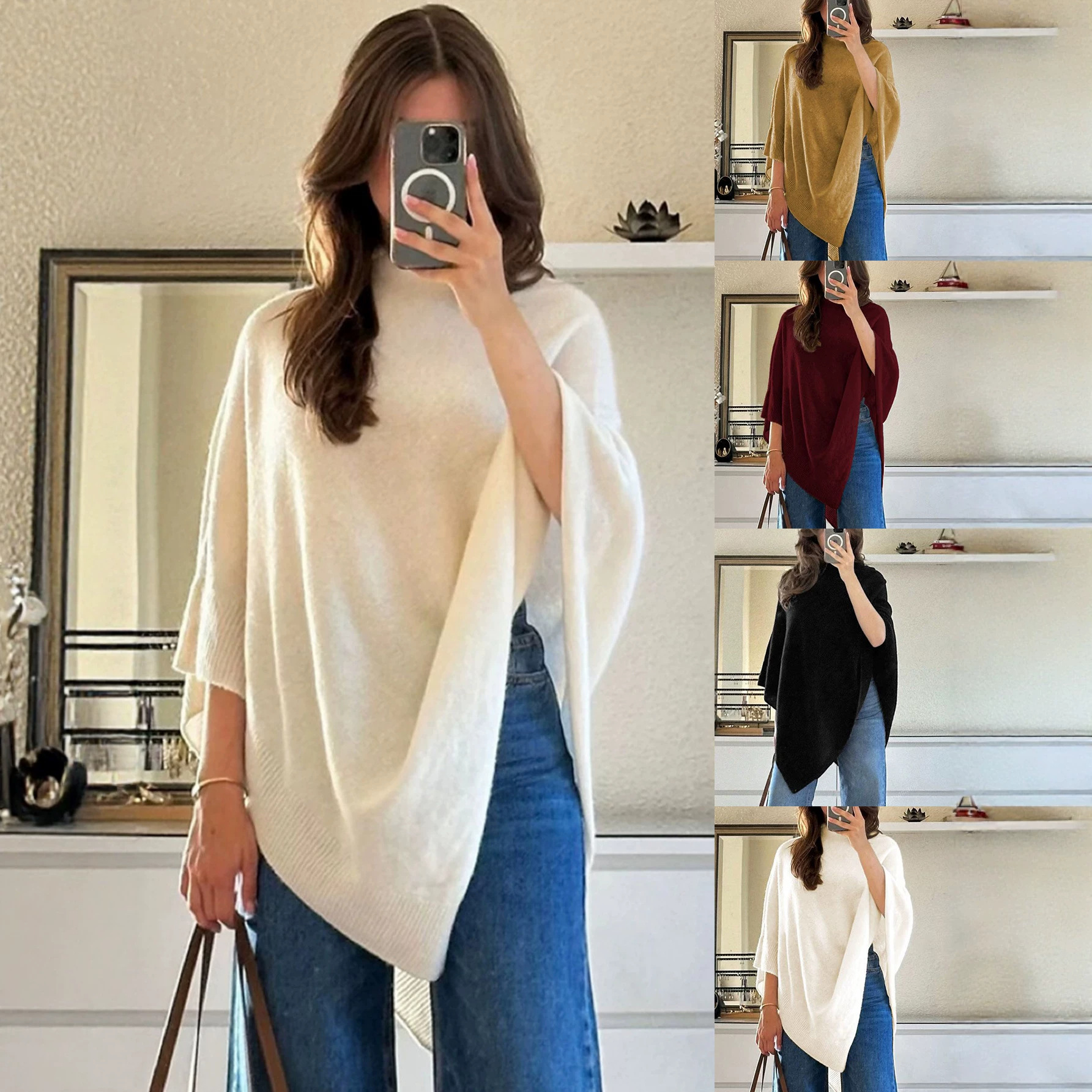 Women's Irregular Knit Poncho Sweater Pullover Cape