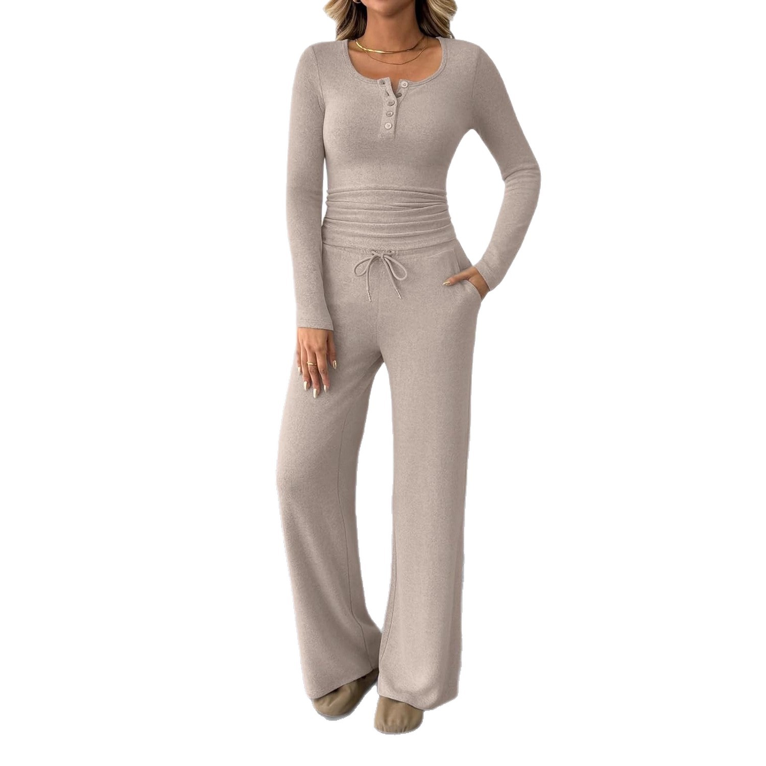Women's Two-Piece Long Sleeve Top and Wide-Leg Pants Set
