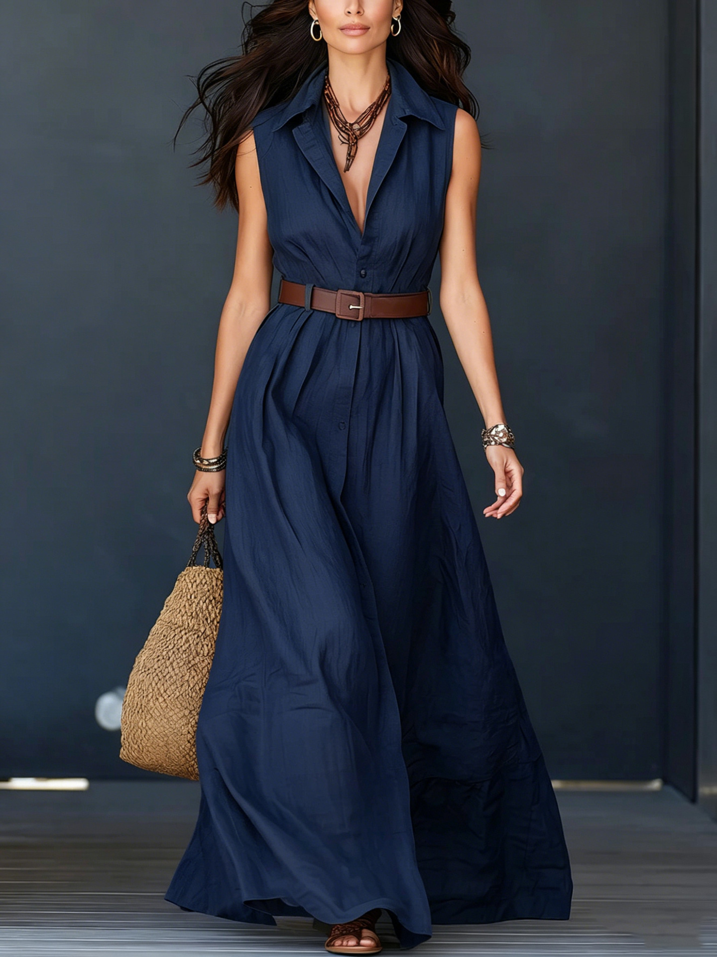 Women's Belted Collared Shirt Dress High Waist A-Line Long Dress