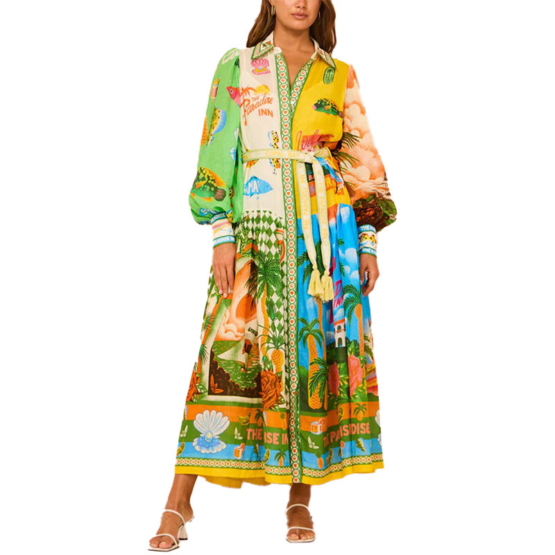 Women's Printed A-Line Dress with Lantern Sleeves and Belt