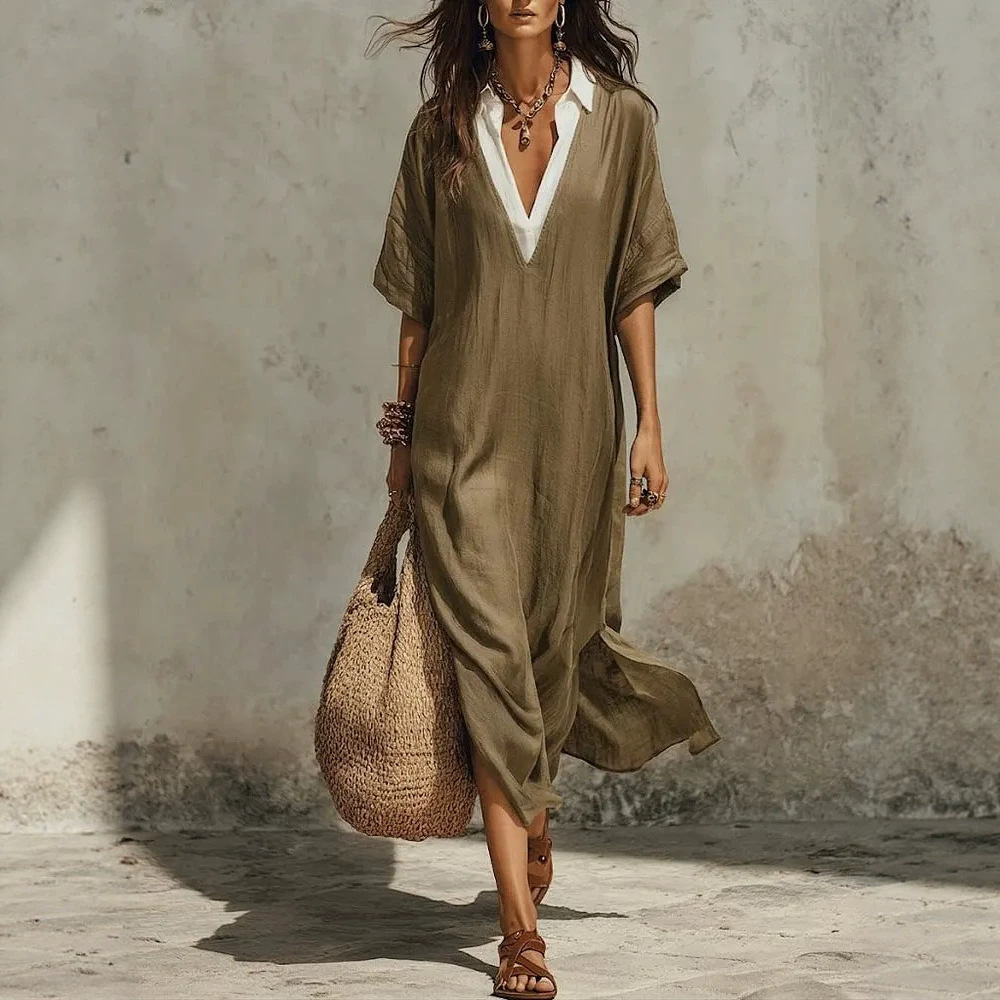 V-Neck Loose Half-Sleeve A-Line Midi Dress