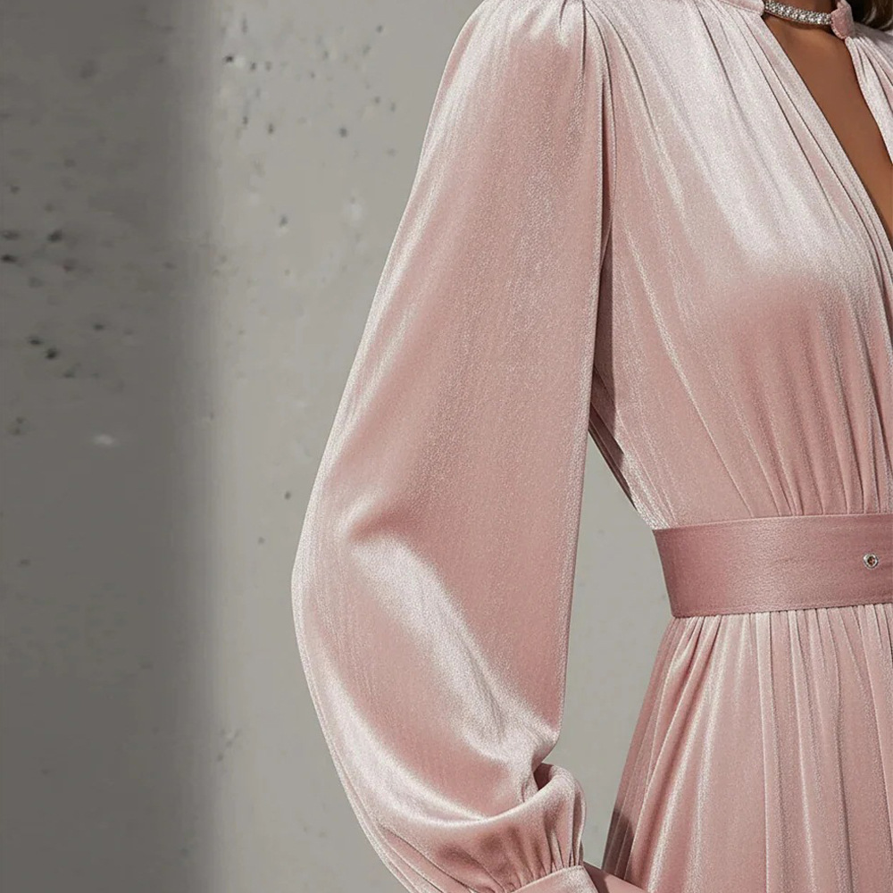 Solid V-Neck Gold Velvet Long Sleeve Dress with Waist Belt