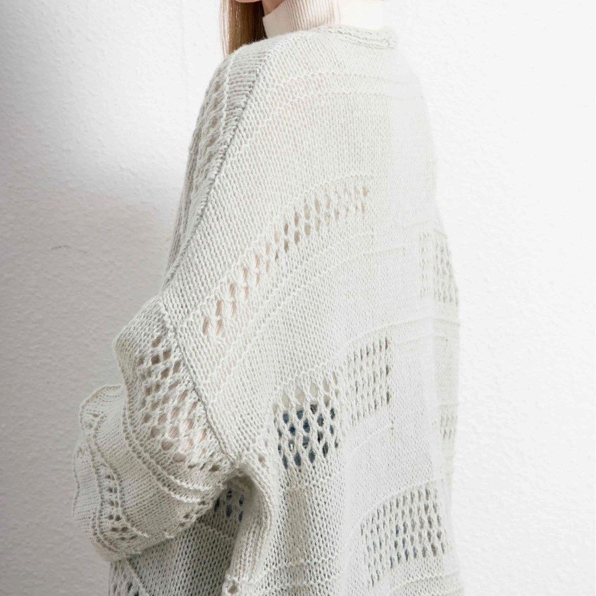 Open-Knit Geometric Cardigan Long Sleeve Loose Fit Women's Sweater