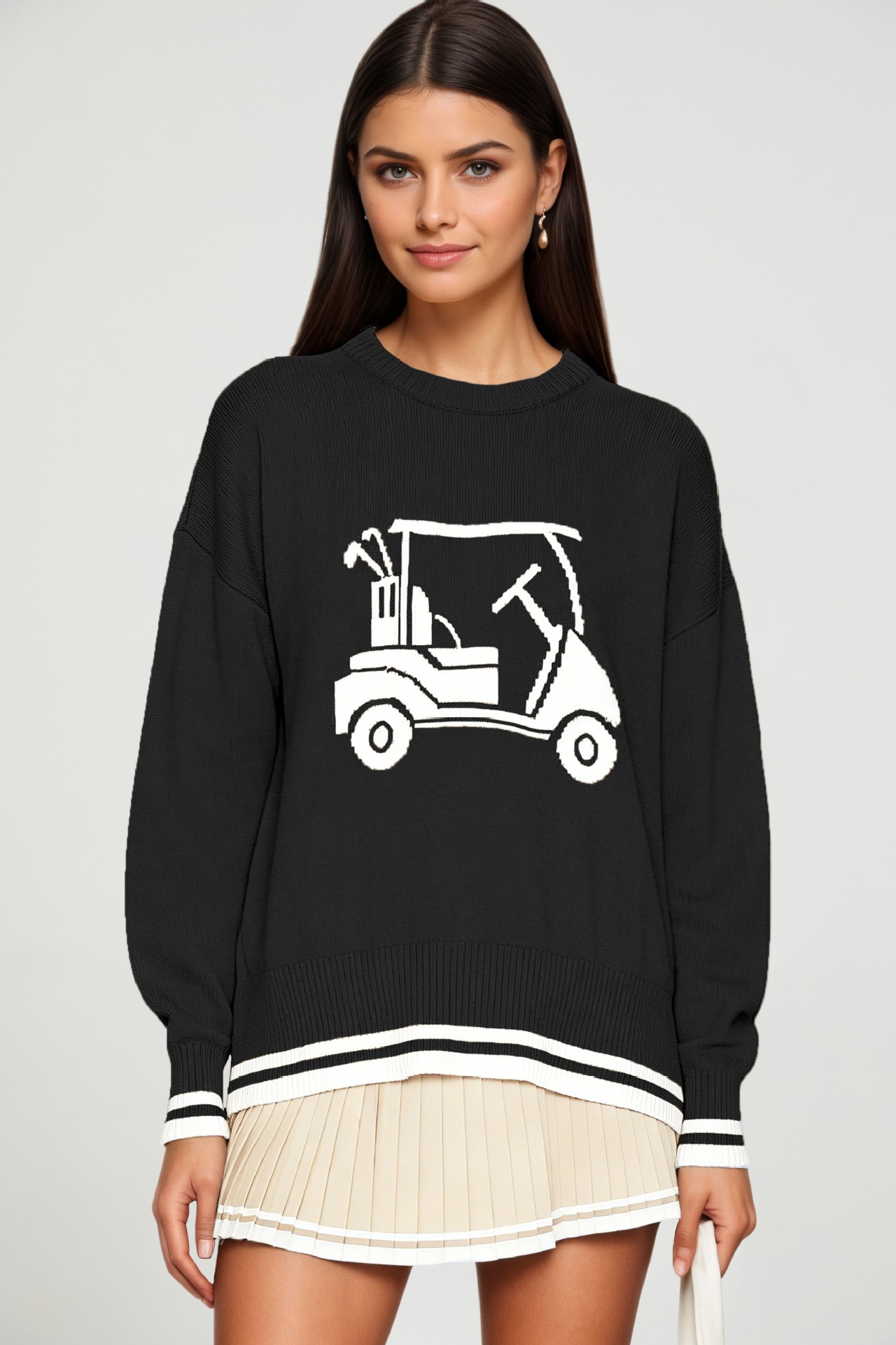 Women's Solid Crewneck Loose Long Sleeve Jacquard Knit Pullover Sweater
