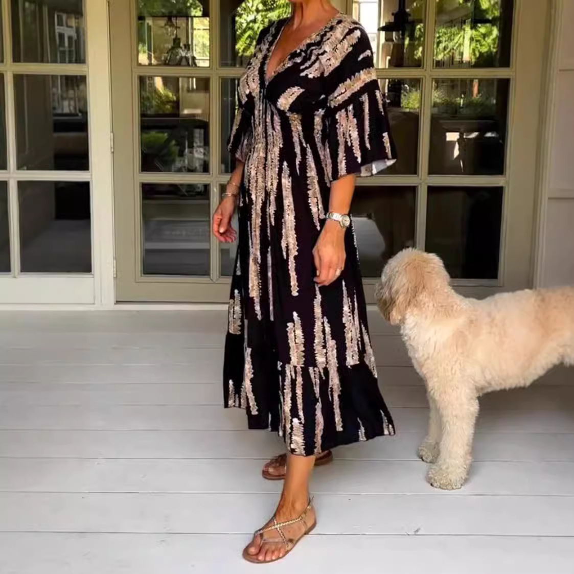 Women's Summer V-Neck Floral Print Bell Sleeve Maxi Dress