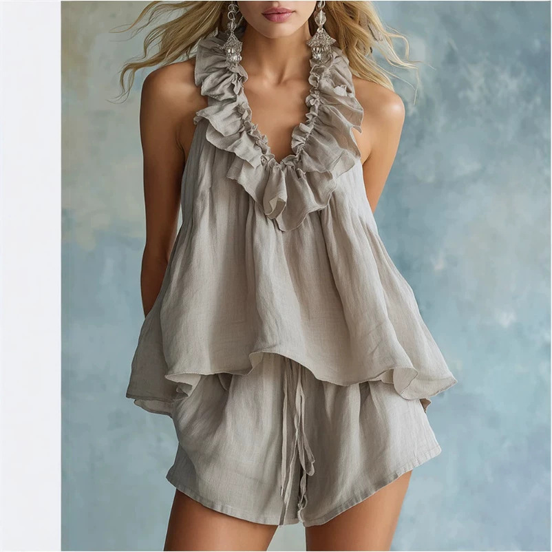 Elegant Beige Cotton-Linen Ruffle Tank and Shorts Set
