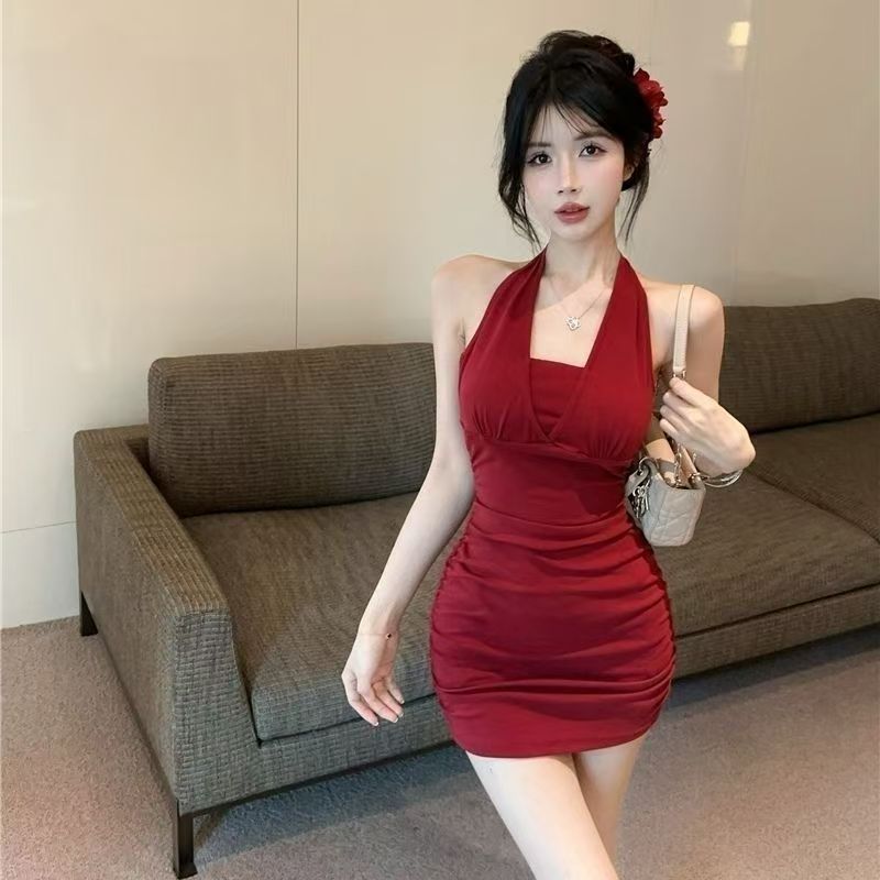 Chain Halter Tie-Back Bodycon Dress with Open Back