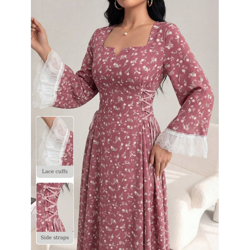 Floral Print Long Sleeve Tie-Waist Midi Dress
