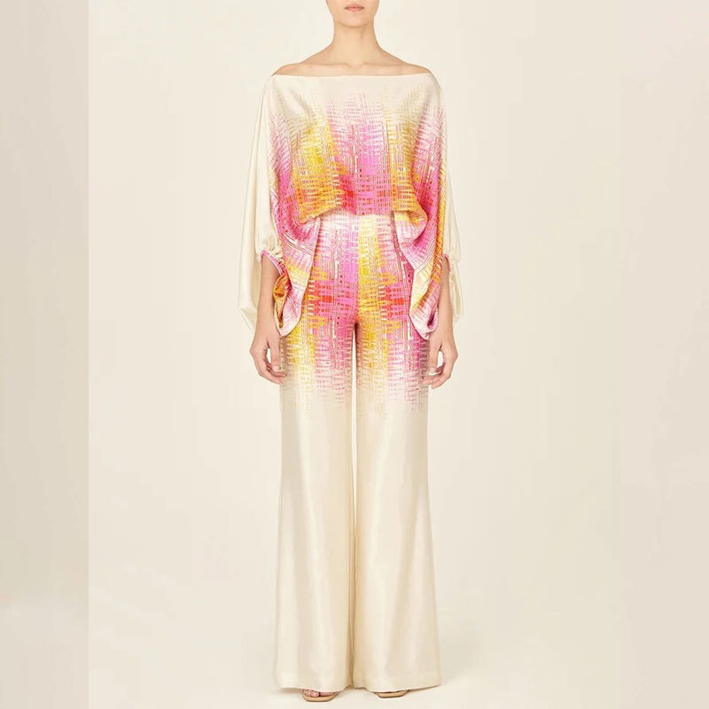 Women's Printed Batwing Sleeve Cinched Waist Wide-Leg Pants Set