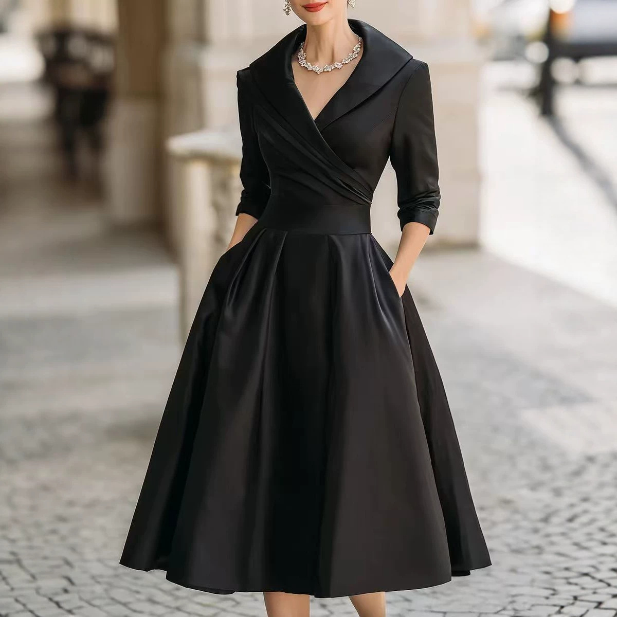 Women's Elegant Waist-Cinching Midi Dress