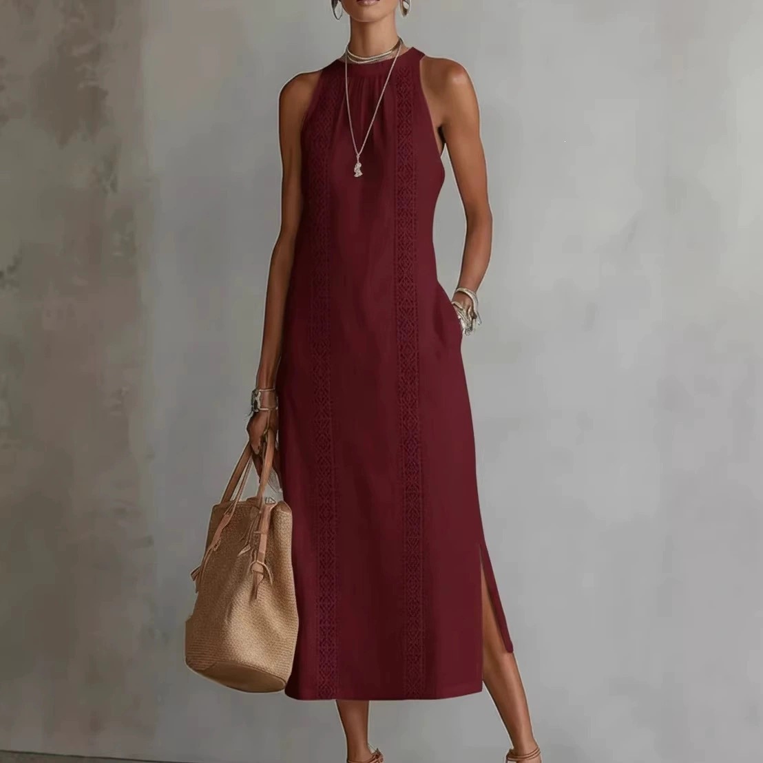 Women's Solid Color Sleeveless Round Neck Long Dress