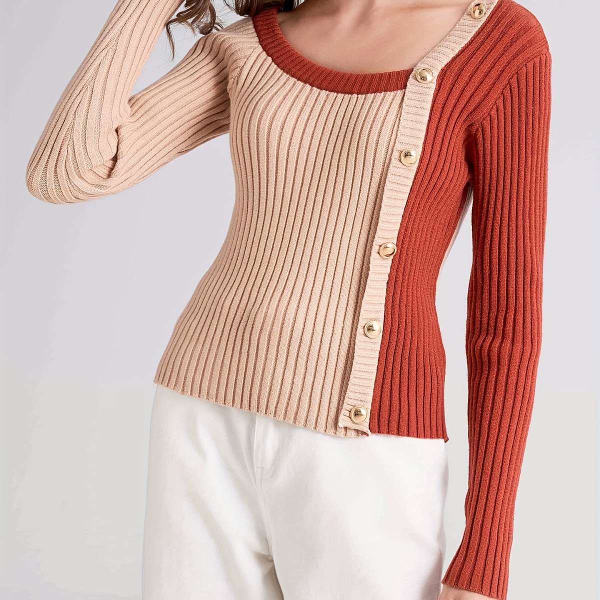 Color-Block Asymmetric Neck Knit Sweater with Faux Buttons