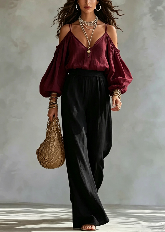 V-Neck Cold-Shoulder Long-Sleeve Solid Top & High-Waist Black Wide-Leg Pants Women's Two-Piece Set