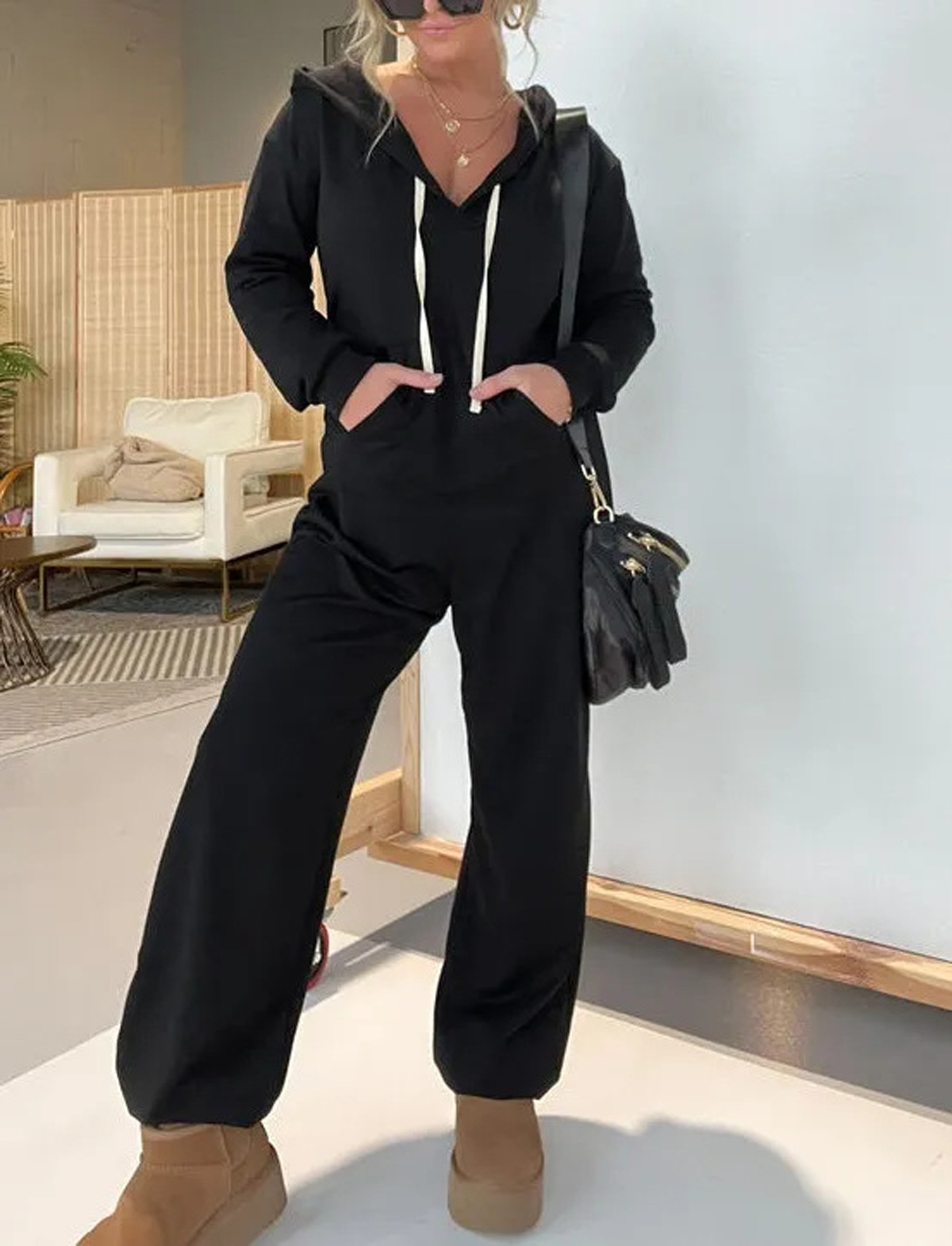 Women's Solid Color Long Sleeve Jumpsuit Casual Hoodie Set with Pockets