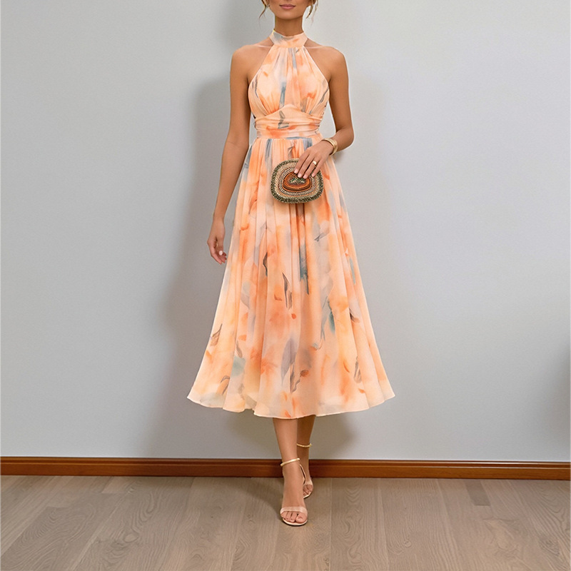 Elegant Floral Print Halter Sleeveless Bodycon Midi Dress
