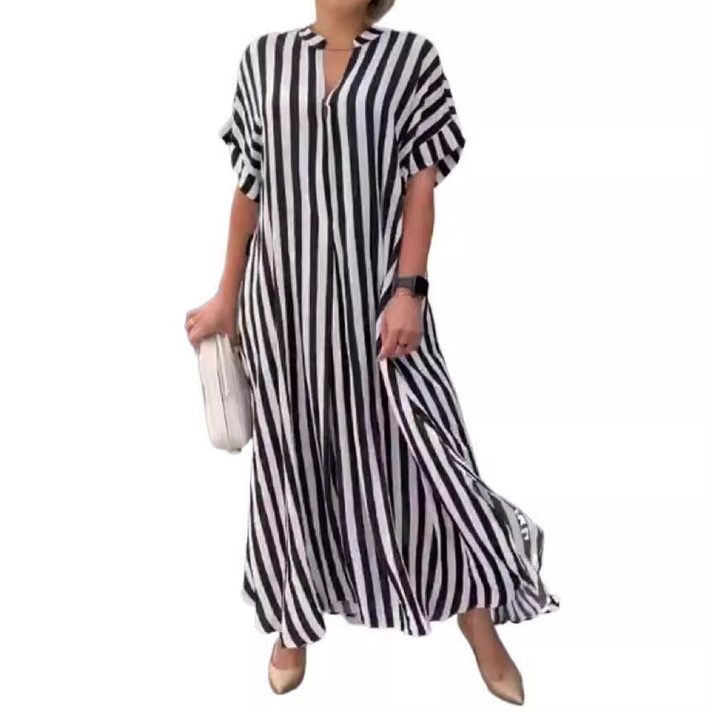 Striped V-Neck Short Sleeve Side Slit Loose Casual Dress